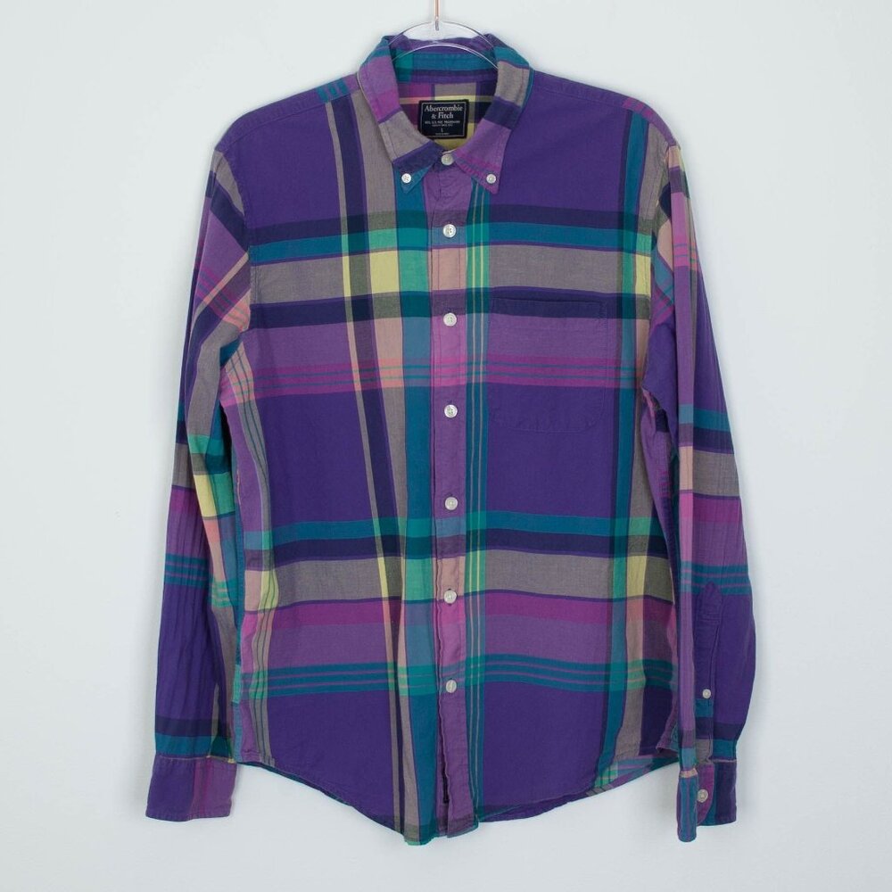 Abercrombie & Fitch Mens Button Down Plaid‎ Shirt Size L Purple Office Business